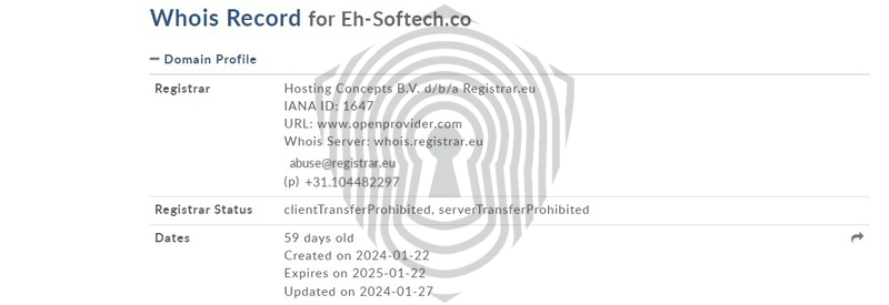 Данные WhoIS для домена EH Softech