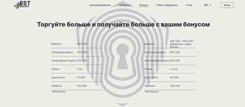 Фото с сайта Est Invest об условиях сотрудничества и типах счетов.