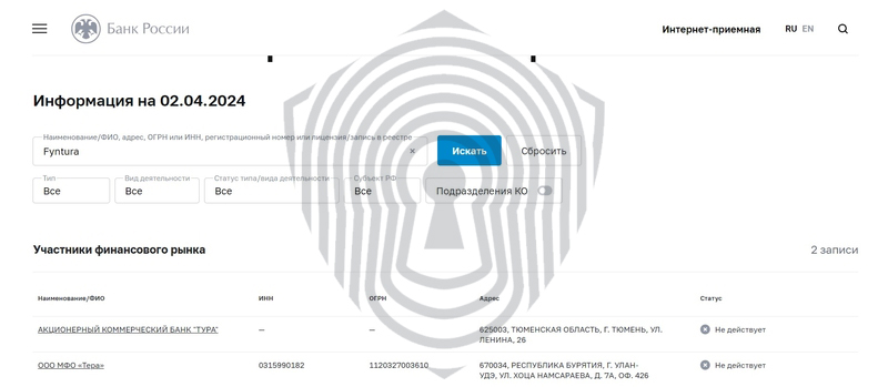 Данные реестра Банка России о компании Fyntura