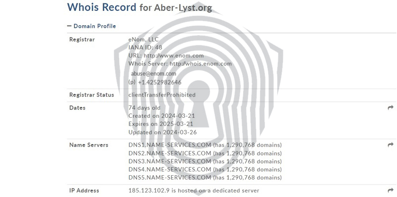 Проверка возраста домена брокера AberLyst показывает регистрацию в марте 2024 года.