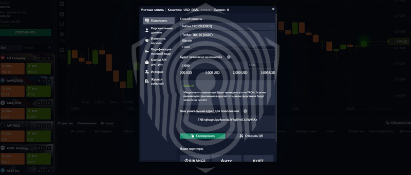 пополнение счёта доступно только через Bitcoin и USDT