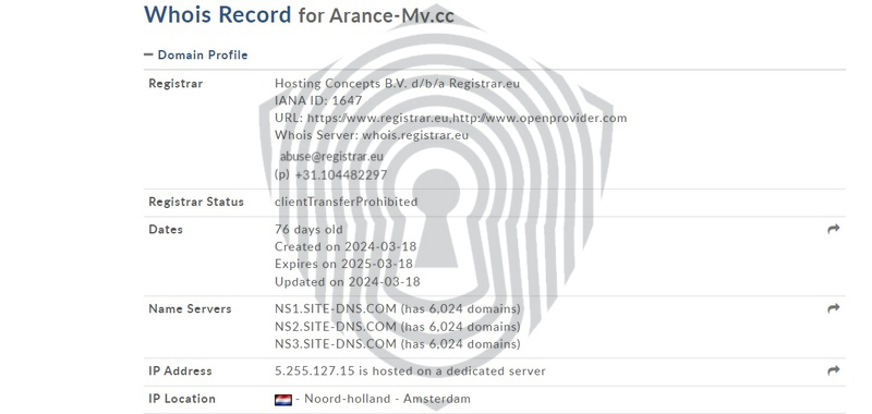 Проверка показывает недавнюю регистрацию домена AranceMV