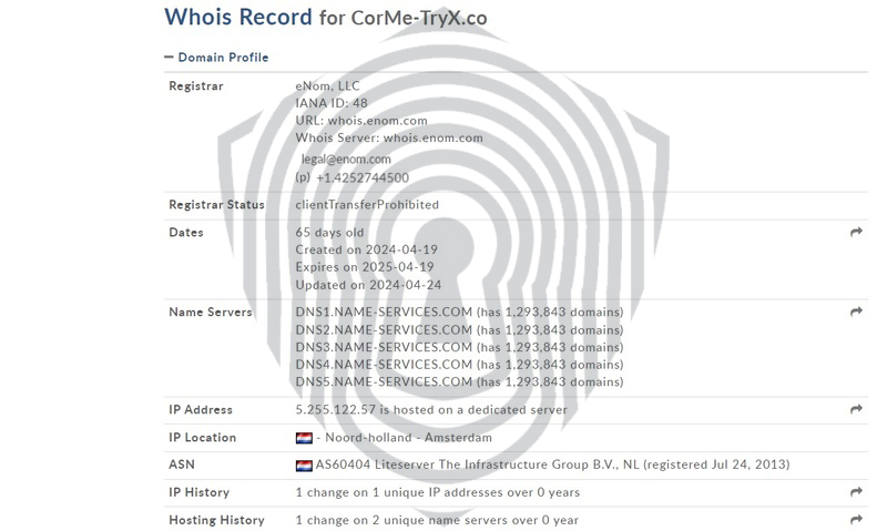 возраст домена брокера CormeTryx составляет менее года