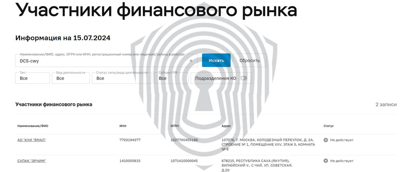 Проверка регистрации брокера DCS cwy в РФ на сайте ЦБРФ