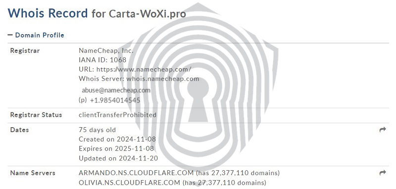 Дата регистрации домена Cartawoxi на сайте WhoIs