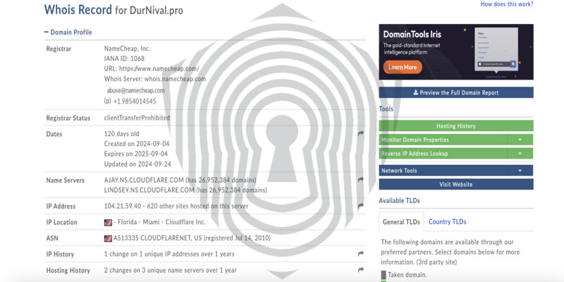Проверка домена брокера Durnival на сайте Whois