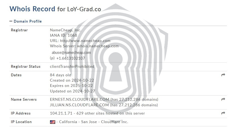 Проверка домена брокера Loymgrad на сервисе WhoIs