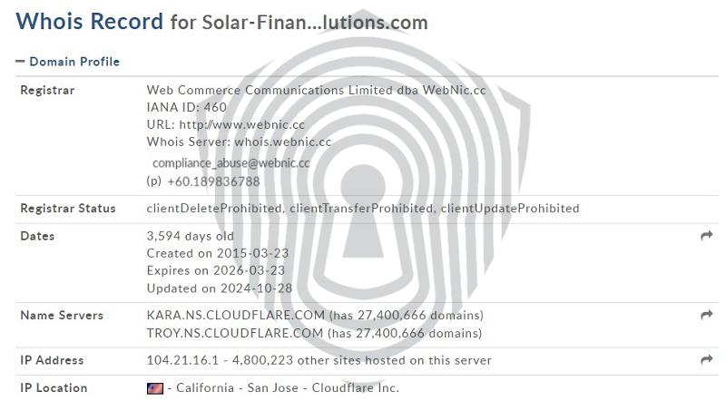 Проверка домена брокера SolarFinance на сайте WhoIs