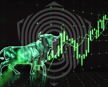 Glowing green candlestick bear and bull forex chart hologram on dark background. Trade and market concept. 3D Rendering