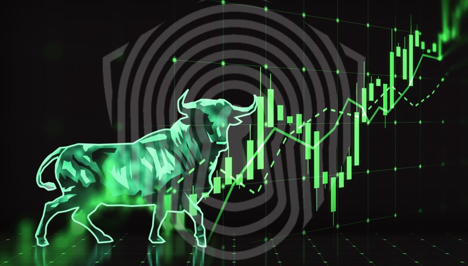 Glowing green candlestick bear and bull forex chart hologram on dark background. Trade and market concept. 3D Rendering